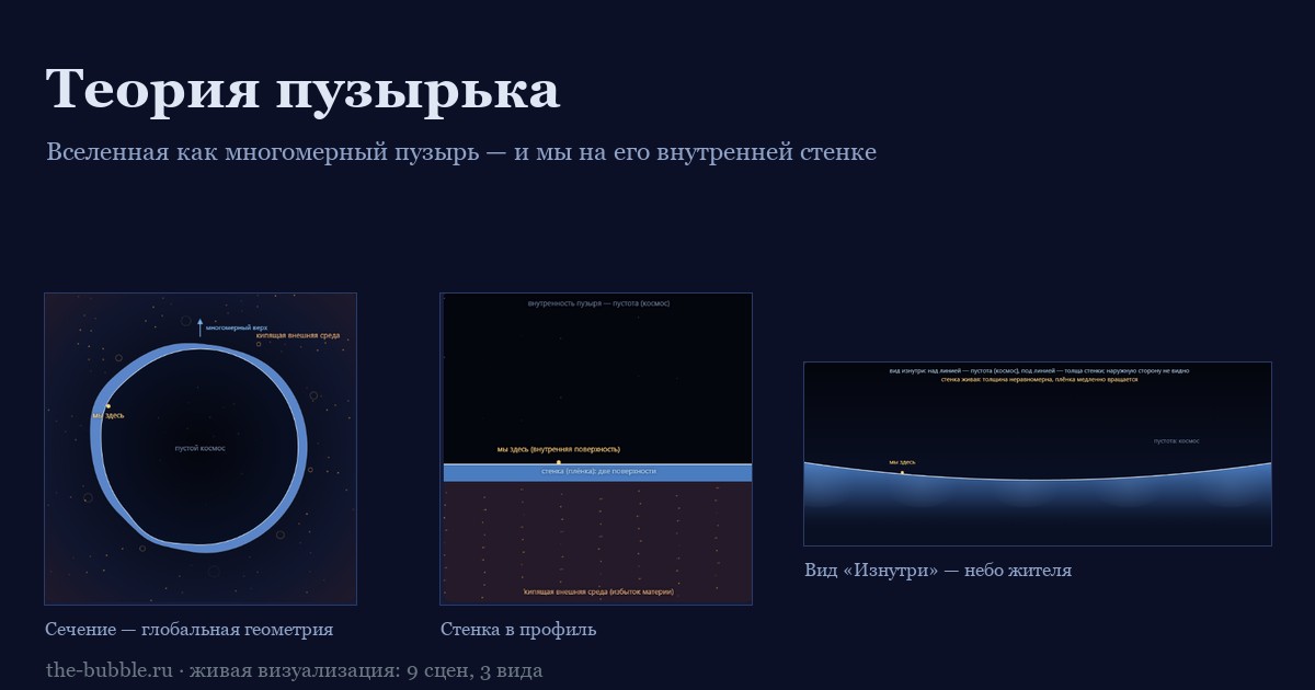 Кадр визуализации Теории пузырька: сечение пузыря, стенка в профиль и панорама «Изнутри»